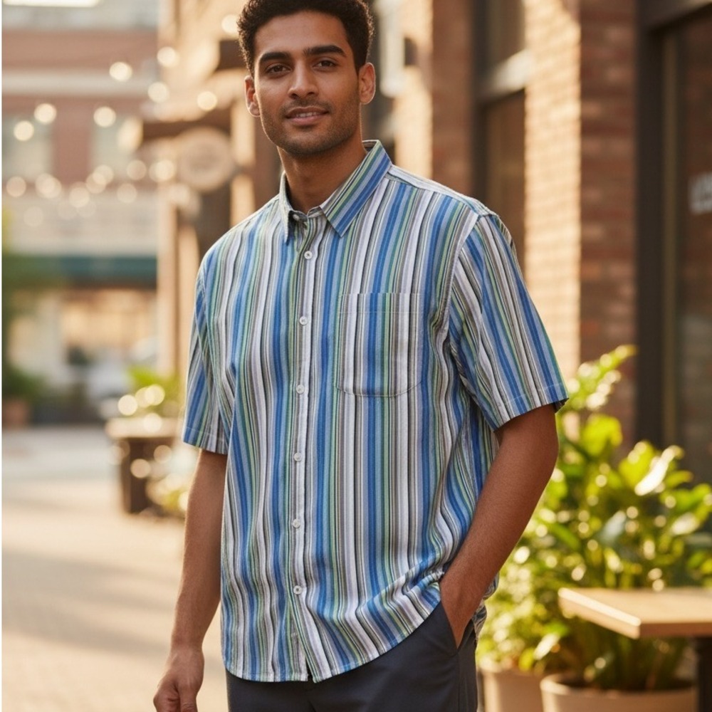 VTG Whatzup Mens Short Sleeve Button Up Shirt Multi Color Stripe Casual Size 3XL